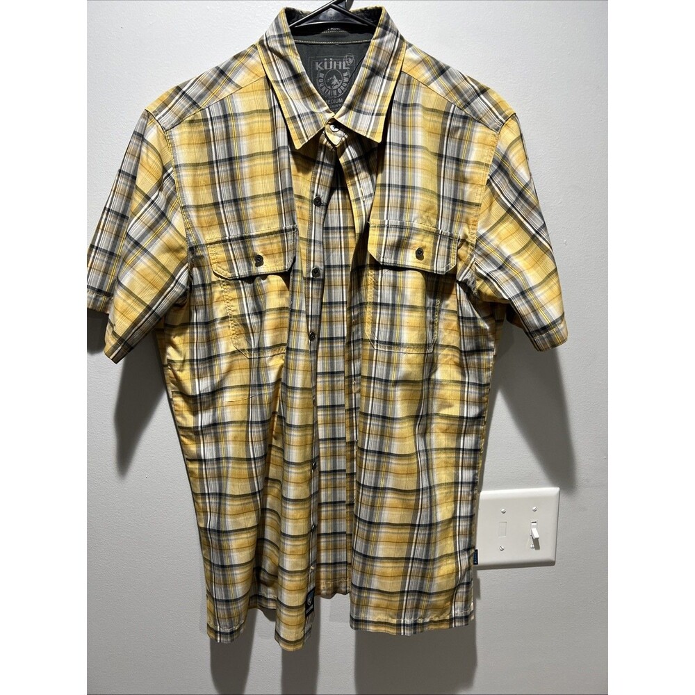 Kuhl Eluxur Shirt Mens Medium Yellow Plaid Short Sleeve Outdoors Hiking Stretch